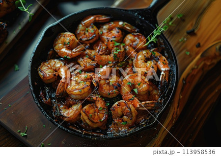 Spicy roasted shrimps in cast iron pan. Spicy roasted shrimps in cast iron pan. 113958536