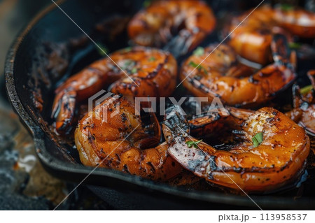 Spicy roasted shrimps in cast iron pan. 113958537