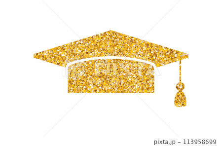 Graduation hat glitter logo. Graduate cap flat sparkling luxury gold sticker Graduation hat glitter logo. Graduate cap flat sparkling luxury gold sticker 113958699