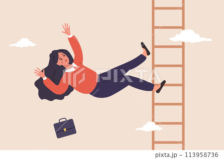 Woman falling down the career ladder. Troubles and problems on work. Economic crisis. Investors losing money concept. Vector illustration in flat cartoon style Woman falling down the career ladder. Troubles and problems on work. Economic crisis. Investors losing money concept. Vector illustration in flat cartoon style 113958736