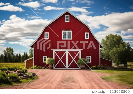 Red barn on farm landscape 113958800