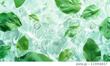 Green leaves show clear water on a light background. Summer background for the display of natural cosmetics. Nature background for luxury spa product Green leaves show clear water on a light background. Summer background for the display of natural cosmetics. Nature background for luxury spa product 113958817