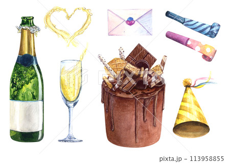 Wedding birthday set watercolor drawing cake. Champagne glass heart bottle chocolate. Greeting card invitation. Golden sparkling patry valentine goblet celebration. Isolated white background treat Wedding birthday set watercolor drawing cake. Champagne glass heart bottle chocolate. Greeting card invitation. Golden sparkling patry valentine goblet celebration. Isolated white background treat 113958855