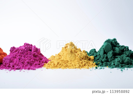 Pile of multicolored holi powder isolated on white background. 113958892