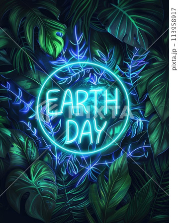 A striking neon sign that reads Earth day encircled by dark green tropical leaves 113958917