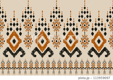 Ikat tribal Indian seamless pattern. Ethnic Aztec fabric carpet mandala ornament native boho chevron textile.Geometric African American oriental traditional vector illustrations. Embroidery style. 113959097