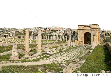 Roman ruins (carved on white background) in the Jordanian city of Jerash (Gerasa of Antiquity), capital and largest city of Jerash Governorate, Jordan 113959300