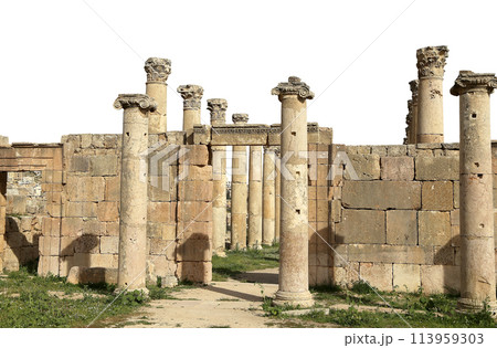 Roman ruins (carved on white background) in the Jordanian city of Jerash (Gerasa of Antiquity), capital and largest city of Jerash Governorate, Jordan Roman ruins (carved on white background) in the Jordanian city of Jerash (Gerasa of Antiquity), capital and largest city of Jerash Governorate, Jordan 113959303
