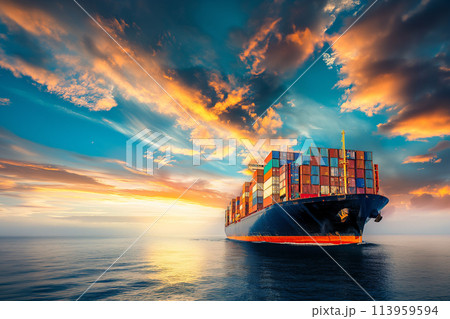 夕焼けの海を航行する大型コンテナ船 夕焼けの海を航行する大型コンテナ船 113959594