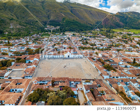 Aerial view of the Plaza Mayor, largest stone-paved square in South America, Villa de Leyva, Colombia Aerial view of the Plaza Mayor, largest stone-paved square in South America, Villa de Leyva, Colombia 113960075
