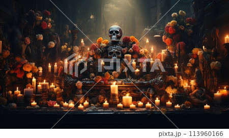 Day of the dead dia de muertos a holiday honoring the dead, the souls of deceased relatives visit home skulls, skeletons, Halloween makeup. venerating the dead creatively beautiful . 113960166