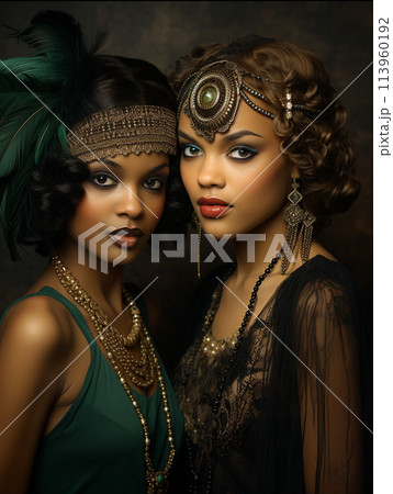 Flapper Lifestyle and dress, 1920s, 30s, 40s culture, Prohibition, Chicago gangsters, nightlife, fashion elegance , Daring people, jazz, elite criminals. flashy outfits, rebellious behavior . 113960192