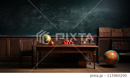 World Teachers Day School years, congratulations for teacher, back to skolu, teacher and students, blackboard chalk pencils textbook copy space background text 113960200