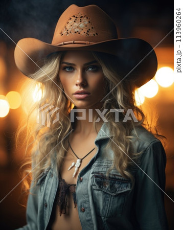 Cowgirl, Attractive girl rider , ranch, riding a horse, pasture, headdress hat, Texas clothes shepherd, female . 113960264
