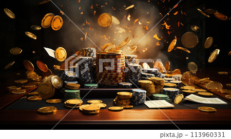 Casino cards roulette, gambling, nightlife, online casino, virtual poker, Texas Hold'em poker, karts gambling games, get lucky, gambling background banner tokens . 113960331