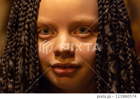 Close-up Portrait of a Child with Braided Hair and Expressive Eyes 113960574