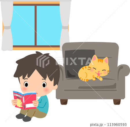 ソファに猫がいるので床に座っている男性 ソファに猫がいるので床に座っている男性 113960593