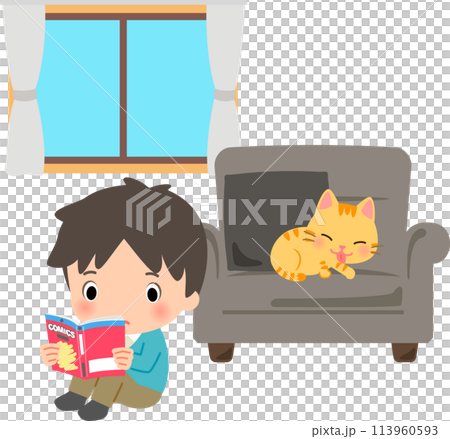 A man sitting on the floor because there is a cat on the sofa 113960593