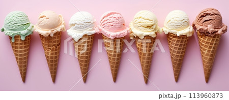 Row of ice cream cones on pink background 113960873