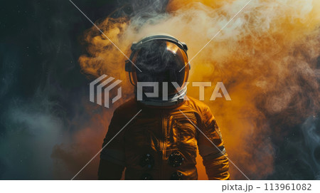 Astronaut in Space Suit Standing in Yellow Smoke Astronaut in Space Suit Standing in Yellow Smoke 113961082