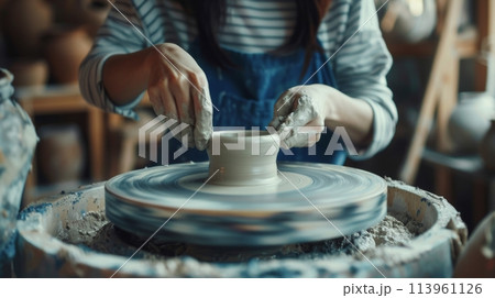 Potter crafting a clay pot on the spinning wheel Potter crafting a clay pot on the spinning wheel 113961126