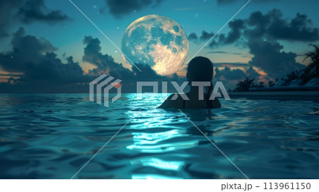 Woman swimming in the sea at moonlight Woman swimming in the sea at moonlight 113961150