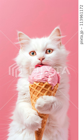 White Cat Enjoying Strawberry Ice Cream 113961172