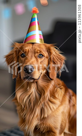 Golden retriever wearing a party hat 113961308