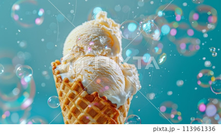 Vanilla bubble ice cream with bubbles in waffles cone on blue background 113961336