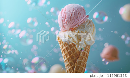 Ice cream with bubbles in waffles cone on blue...のイラスト素材 [113961338 ...