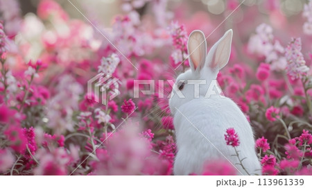 White rabbit sitting in a field of pink flowers 113961339
