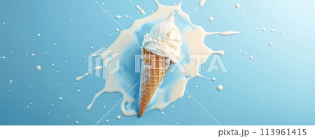 Vanilla Ice Cream Cone Melting on Blue Background 113961415