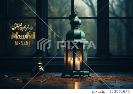 Happy mawlid al-nabi, The celebration of the birthday of the Prophet Muhammad, Rabi al-Awwal, Islam Sunnis and Shiites, Hamd, tasbih, public processions, naat. Postcard banner Greeting card. 113961670