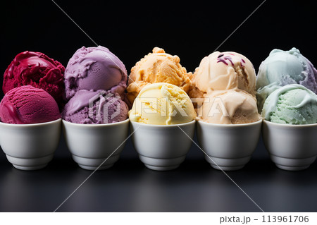 Ice cream, a dessert foodstuff, an ancient delicacy. Food in heat and summer, candy and tasty, a refreshing dessert, sweet. Frozen dessert of fruit, cream of dairy products. 113961706