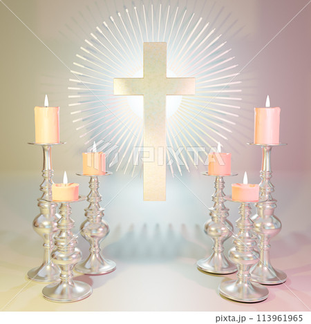 Christian cross near burning candles. 3d render 113961965