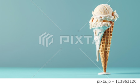 A Scoop of Ice Cream in Waffle Cone on a Blue Background 113962120
