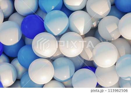 Abstract summer scene with white and blue glossy balloons in the pool. 3d rendering. Abstract summer scene with white and blue glossy balloons in the pool. 3d rendering. 113962506
