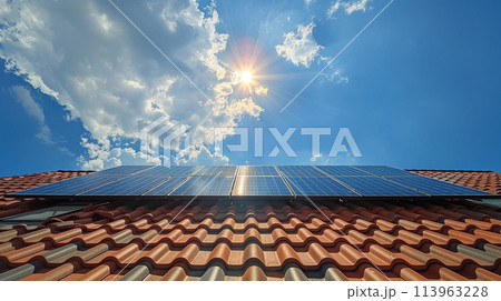 Solar cell on the roof with blue sky sun 113963228