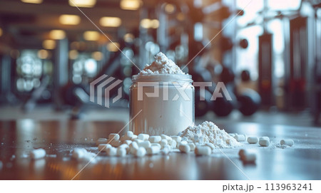 closeup whey protein on the table at blur gym background closeup whey protein on the table at blur gym background 113963241