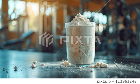 closeup whey protein on the table at blur gym background closeup whey protein on the table at blur gym background 113963248