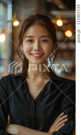 Happy young Asian saleswoman looking at camera Happy young Asian saleswoman looking at camera 113963339