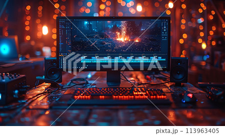 video editng sotware on a computer screen in the room. 113963405