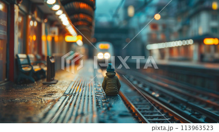 Miniature people. A traveler sitting at train station Miniature people. A traveler sitting at train station 113963523