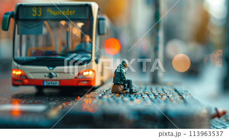 Miniature people. A traveler sitting at bus station 113963537