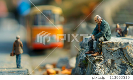 Miniature people. A traveler sitting at bus station 113963539