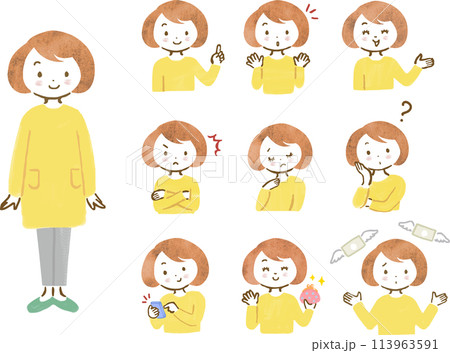 若い女性の色々なポーズと表情手描きイラストセット 113963591