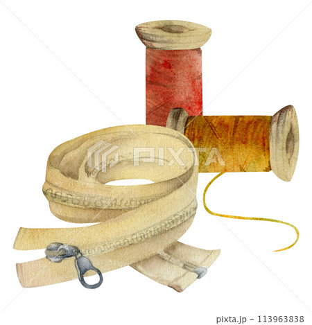 Hand drawn watercolor illustration sewing craft supplies. Wooden thread spools bobbins, clothes zipper. Composition isolated on white background. Design atelier, tailor, hobby shop, fashion boutique Hand drawn watercolor illustration sewing craft supplies. Wooden thread spools bobbins, clothes zipper. Composition isolated on white background. Design atelier, tailor, hobby shop, fashion boutique 113963838