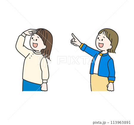 上を見上げる女性　指さす女性　イラストセット 113963891