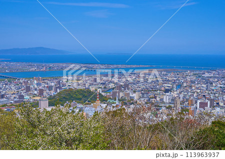 春の徳島県徳島市眉山町の眉山公園から徳島市街(東側)の眺望 113963937