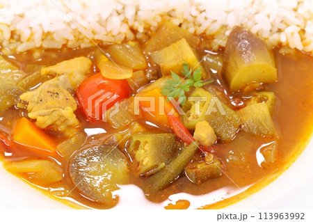 夏野菜カレー ナス オクラ 明るい背景 夏野菜カレー ナス オクラ 明るい背景 113963992